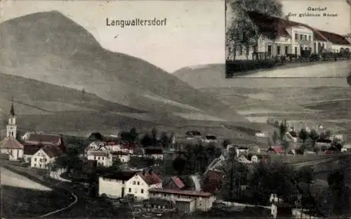 Ak Unisław Śląski Langwaltersdorf Schlesien, Panorama, Gasthof zur goldenen Krone