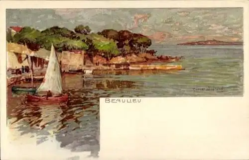 Künstler Litho Wielandt, Manuel, Beaulieu, Uferpartie, Segelboot