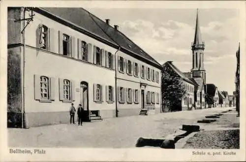 Ak Bellheim in der Pfalz, Schule und prot. Kirche