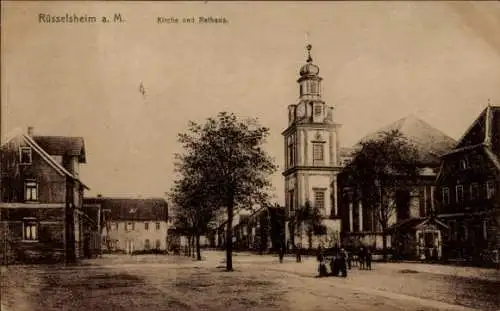 Ak Rüsselsheim am Main Hessen, Kirche und Rathaus