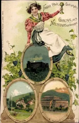 Ak Neustadt an der Haardt Neustadt an der Weinstraße, Frau in Tracht, Maxburg, Saalbau, Königsmühle