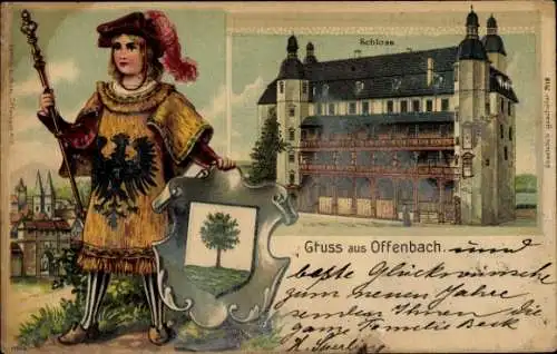 Ak Offenbach am Main Hessen, Schloss, Bursche in Gewandung, Wappen