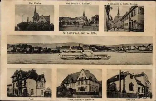 Ak Niederwalluf Walluf am Rhein, Schule, Rathaus, Kirche, Bahnhof, Post