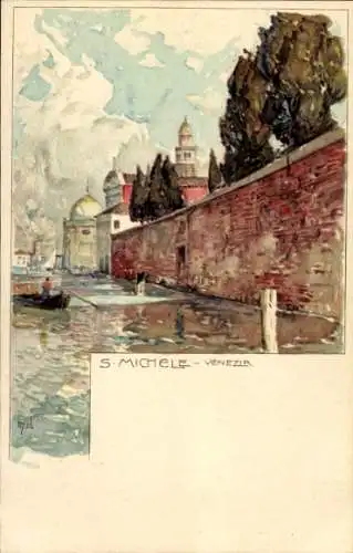 Künstler Ak Wielandt, Manuel, San Michele Venezia Venedig Veneto, Flusspartie, Mauer, Ruderboot