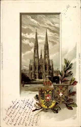 Präge Wappen Passepartout Litho Wien, Ansicht der Votivkirche