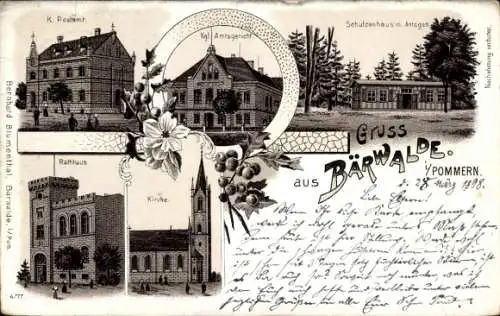 Litho Barwice Bärwalde Pommern, Post, Amtsgericht, Rathaus, Schützenhaus, Kirche