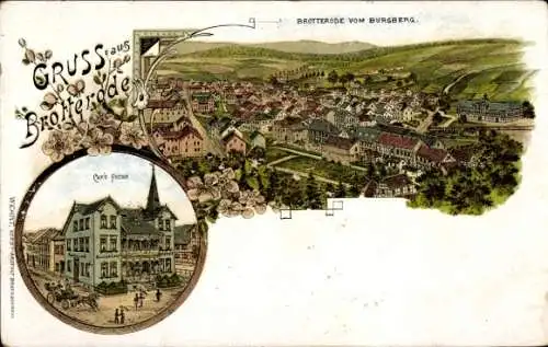 Litho Brotterode in Thüringen, Panorama, Blick vom Burgberg, Café Fuchs