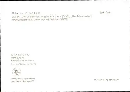 Ak Schauspieler Klaus Piontek, Portrait, Die Leiden des jungen Werthers