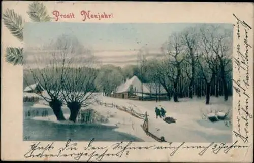 Künstler Ak Glückwunsch Neujahr, Wohnhaus, Winter, Schnee, Wald