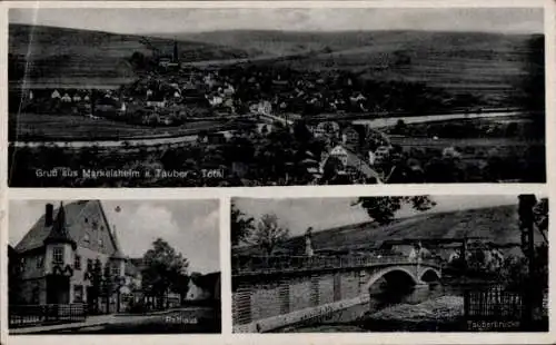 Ak Markelsheim Bad Mergentheim in Tauberfranken, Gesamtansicht, Rathaus, Tauberbrücke