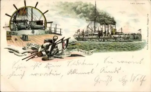 Litho Deutsches Kriegsschiff, Panzerschiff SMS Sachsen Klasse, Kaiserliche Marine