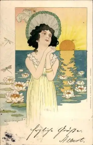 Jugendstil Künstler Ak Kirchner, R., Gemaltes Frau-Porträt, Teich, Teichrosen, Sonnenuntergang