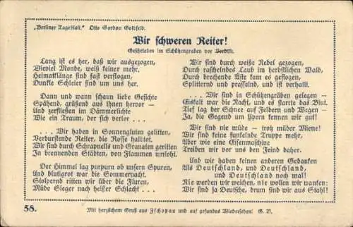 Ak Berliner Tageblatt, Wir schweren Reiter! Geschrieben im Schützengraben vor Verdun, Gedicht