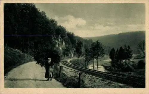 Ak Lauter Bernsbach im Erzgebirge Sachsen, Bahnstrecke, Frau trägt Reisigballen, Schwarzwassertal