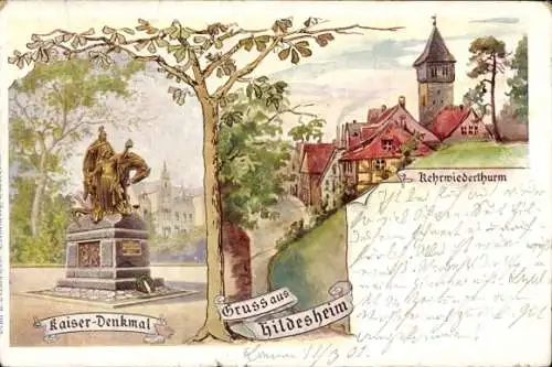 Litho Hildesheim in Niedersachsen, Kaiser-Denkmal, Kehrwiederturm