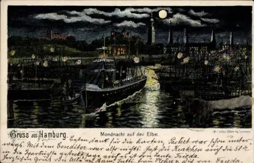 Ak Hamburg Mitte Altstadt, Mondnacht auf der Elbe, Schiffe