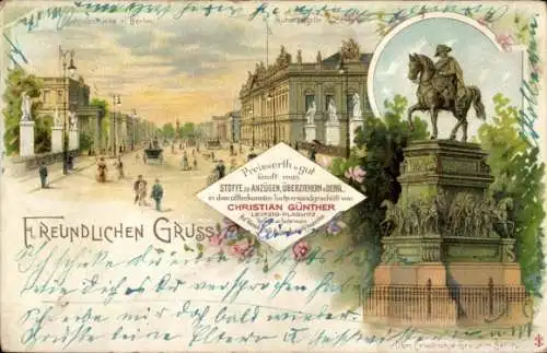 Litho Berlin Mitte, Schlossbrücke, Denkmal Friedrich d. Große, Ruhmeshalle, Christian Günther Stoffe