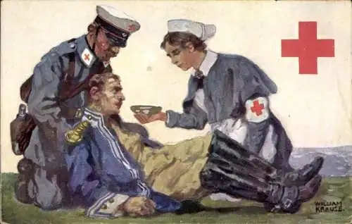 Künstler Ak Krause, William, Rotes Kreuz Sachsen, Verwundeter Soldat, Krankenschwester, Arzt