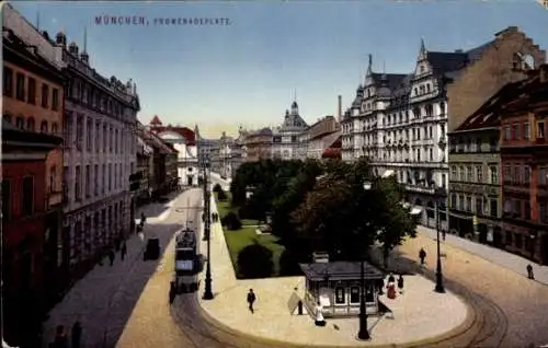 Ak München Bayern, Promenadenplatz, Straßenbahn, Gartenanlagen