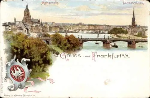 Litho Frankfurt am Main, Mainansicht, Sachsenhausen, Wappen