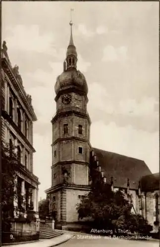 Ak Altenburg in Thüringen, Thüringische Staatsbank mit Bartholomäikirche