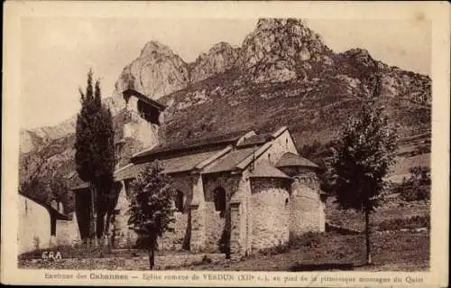 Ak Cabannes Ariege, Eglise romane de Verdun, au pied de la pittoresque montagne du Quiet