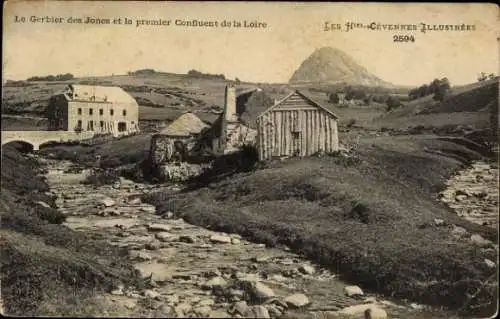 Ak Le Gerbier des Joncs Ardeche, Erster Zusammenfluss der Loire, Flussbett, Brücke, Berg