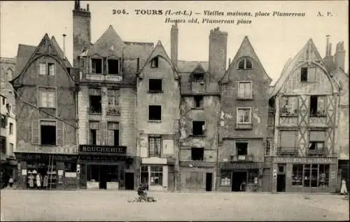 Ak Tours Indre et Loire, alte Fachwerkhäuser am Markt, Metzgerei