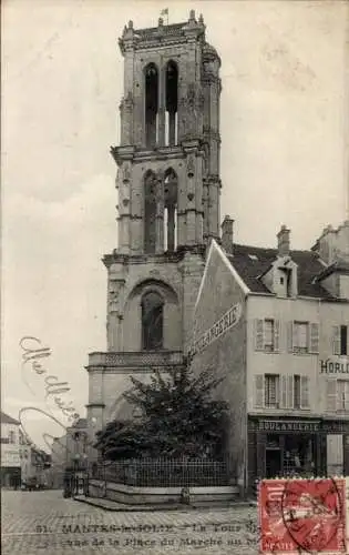 Ak Mantes la Jolie Yvelines, Tour St. Maclou, Place du Marché, Boulangerie