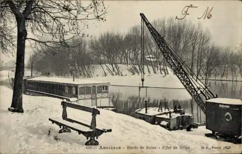 Ak Asnières-sur-Seine Hauts-de-Seine, Ufer der Seine, Schneeeffekt