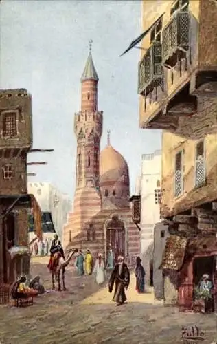 Künstler Ak Cairo Kairo Ägypten, Straßenpartie mit Moschee