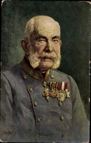 Künstler Ak Fröhlich, Kaiser Franz Joseph I., Portrait in Uniform, Orden