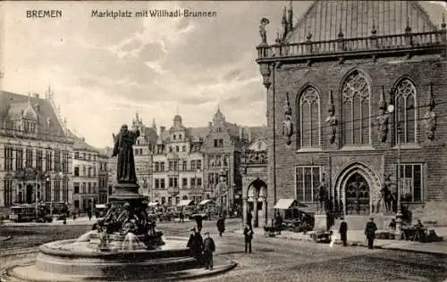 Ak Hansestadt Bremen, Marktplatz, Willhadi Brunnen, Menschen, Marktstände