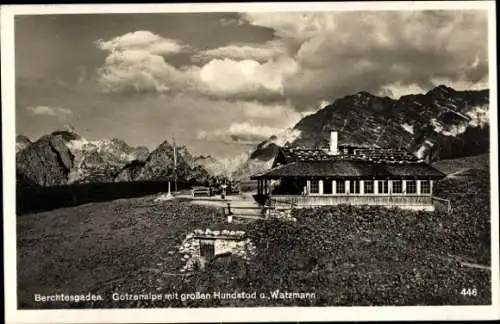 Ak Berchtesgaden Oberbayern, Gotzenalm mit großen Hundstod und Watzmann