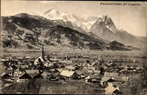 Ak Garmisch Partenkirchen in Oberbayern, Totalansicht mit Zugspitze