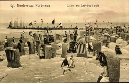 Ak Nordseebad Norderney Ostfriesland, Strand, Segelbootsmole, Strandkörbe