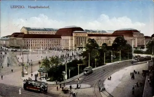 Ak Leipzig in Sachsen, Hauptbahnhof, Straßenbahnen