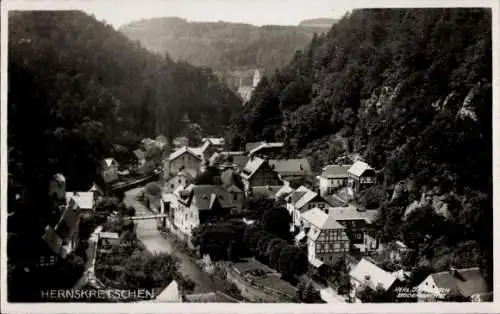 Ak Hřensko Herrnskretschen Elbe Region Aussig, Teilansicht, Luftbild