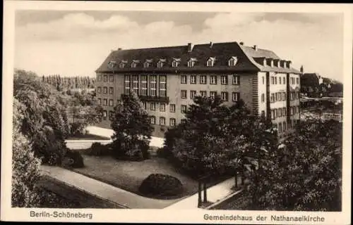 Ak Berlin Schöneberg, Gemeindehaus der Nathanaelkirche, Park, Rubensplatz