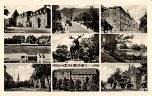 Ak Gussew Gumbinnen Ostpreußen, Regierung, Reichspostdirektion, Cecilienschule, Kirche, Elch, Brücke