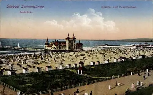 Ak Świnoujście Swinemünde Pommern, Seebrücke mit Familienbad