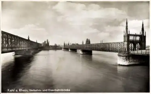 Ak Kehl am Rhein, Verkehrsbrücke und Eisenbahnbrücke