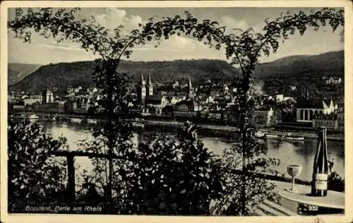 Ak Boppard am Rhein, Teilansicht, Weinflasche, Kirche