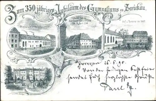 Litho Zwickau in Sachsen, Gymnasium, 350-jähriges Jubiläum, Schulstraße, Hof und Rektorat bis 1869