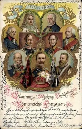 Präge Litho 200 Jahre Königreich Preußen 1701-1901, Kaiser Wilhelm II, König Friedrich II