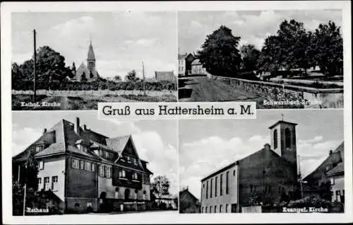 Ak Hattersheim am Main, Kirchen, Rathaus, Schwarzbachbrücke