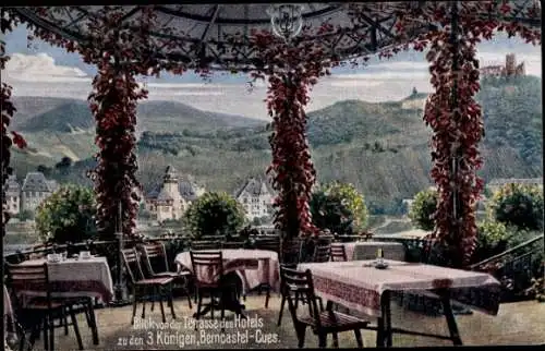 Künstler Ak Bernkastel Kues an der Mosel, Hotel zu den 3 Königen, Terrasse