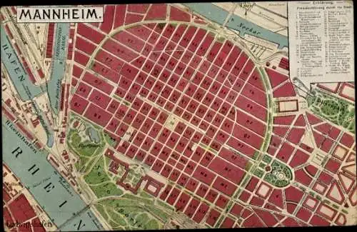 Stadtplan Ak Mannheim in Baden, Totalansicht, Schlossgarten, Rhein, Neckar, Hafen