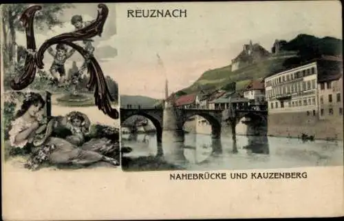 Ak Bad Kreuznach an der Nahe, Nahebrücke und Kauzenberg, Kauzenburg