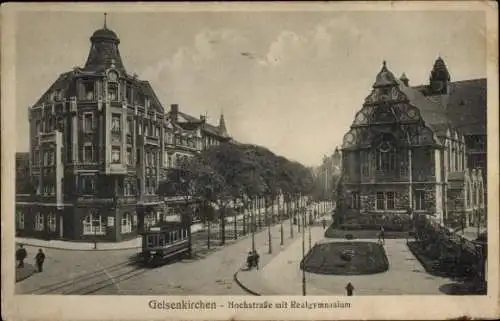 Ak Gelsenkirchen im Ruhrgebiet, Hochstraße, Realgymnasium, Straßenbahn